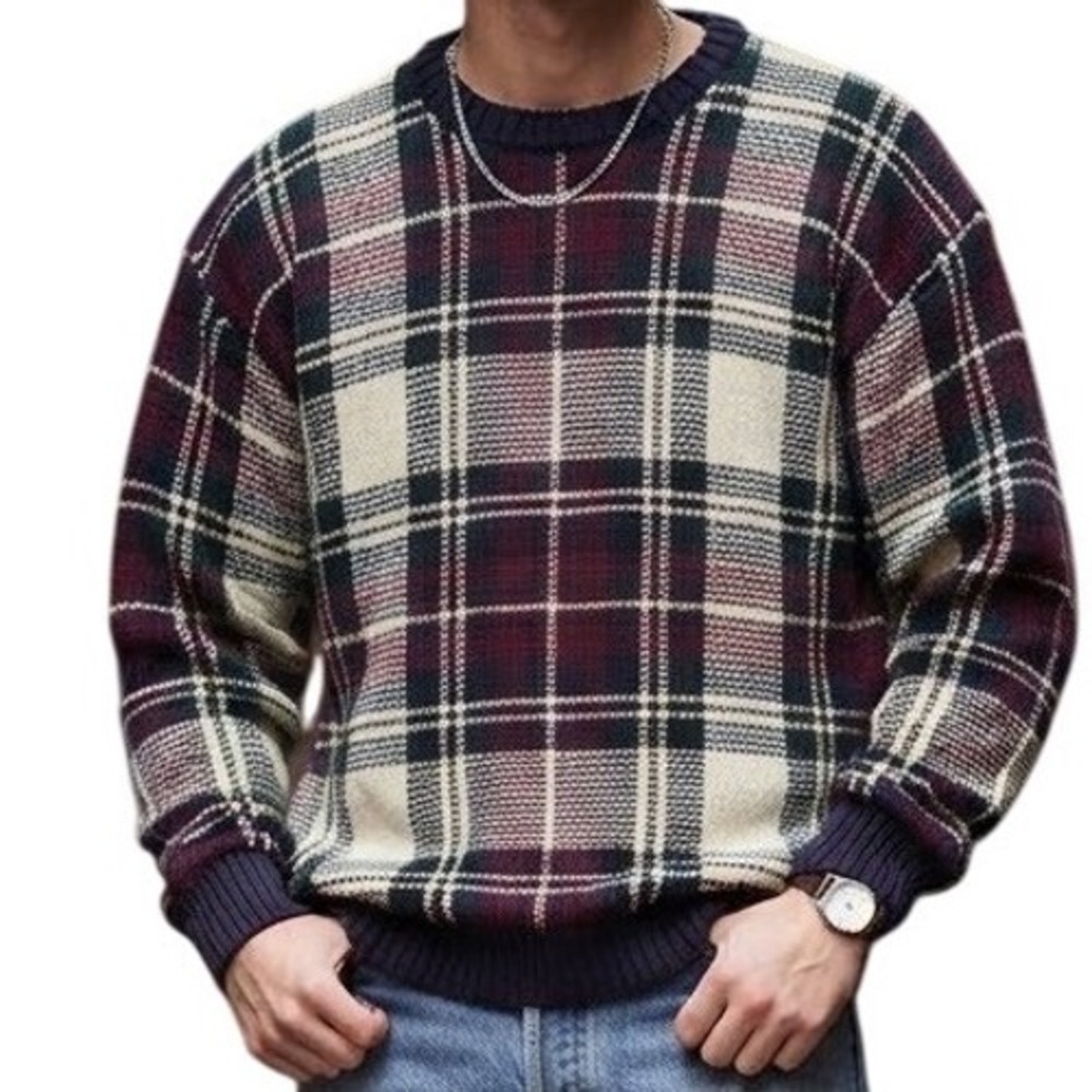 VTG Merona Mens Large Cotton Plaid Crew Neck Sweater Burgundy Navy Blue Cream